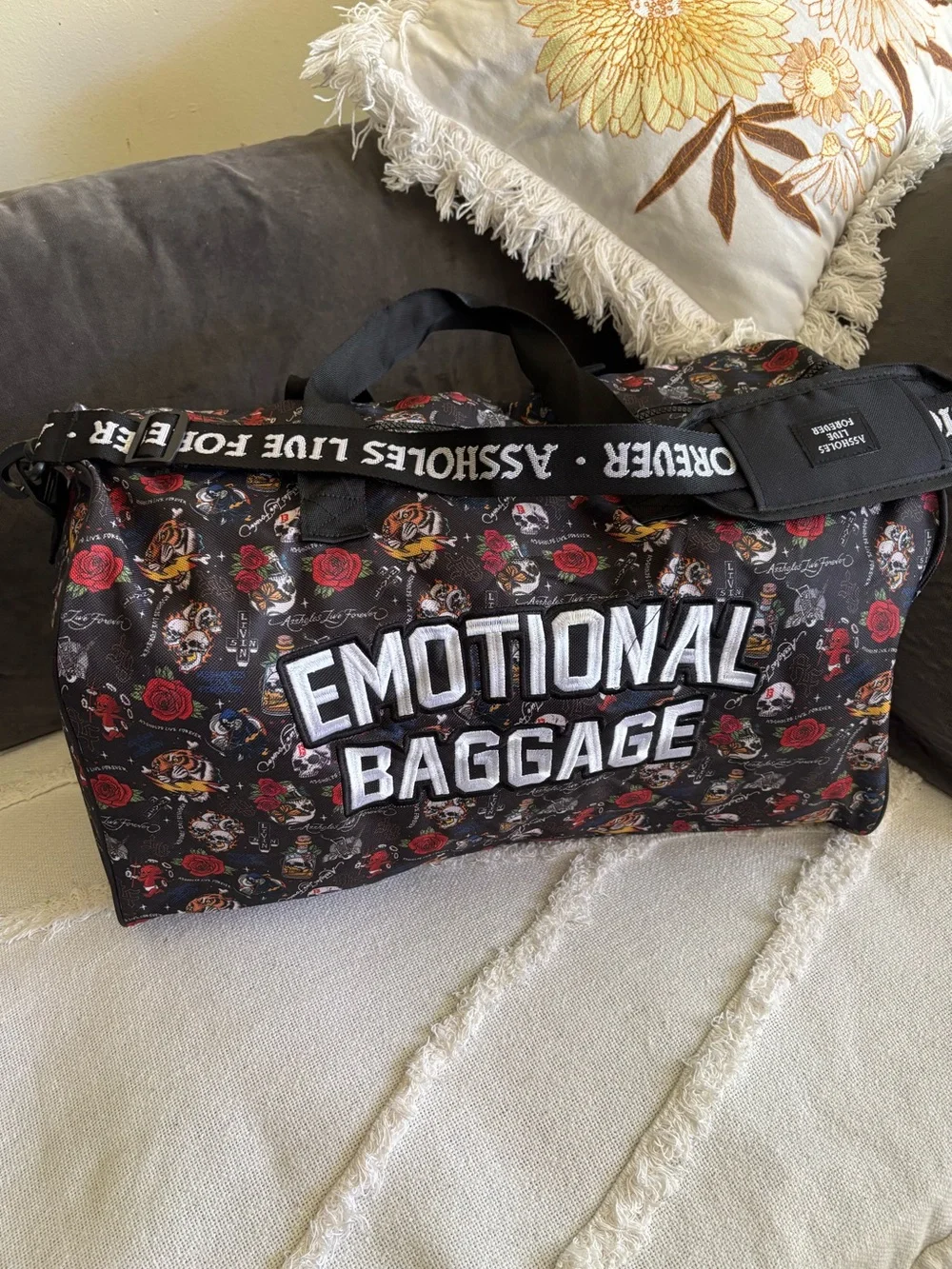 ALF ******** Live Forever Emotional Baggage Skull Bottle Strap Duffle Bag Roses